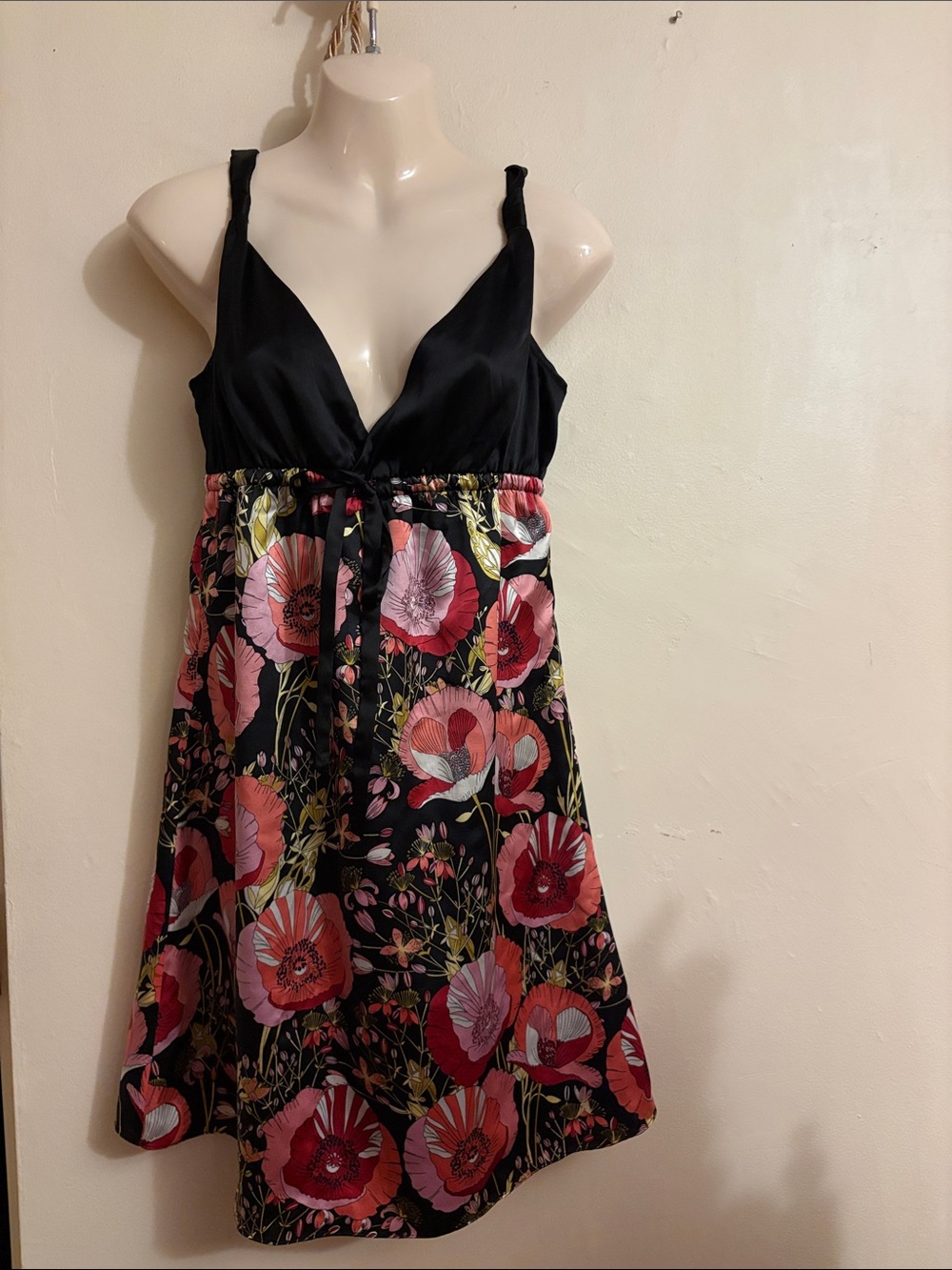 Guess Black Floral Maxi Dress with Red and Pink Blooms100silk